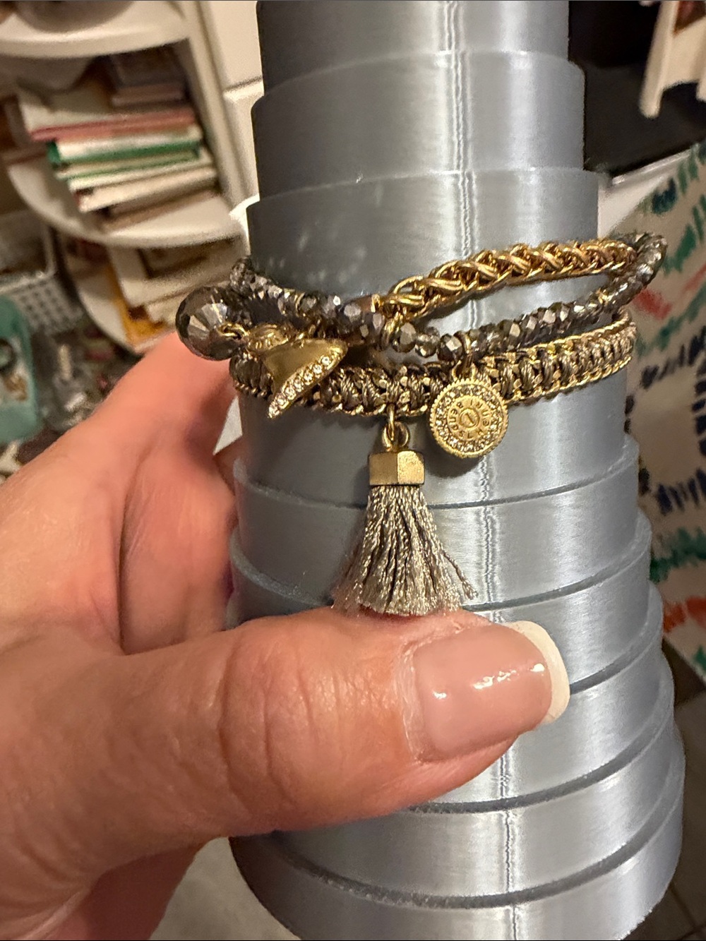 Vintage Henri Bendel signed Gold and Taupe Multi-Row Tassel Bracelet 6.5”